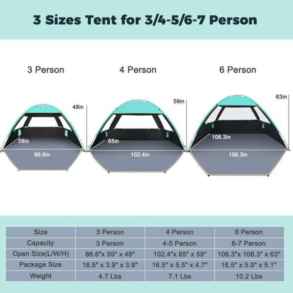 Beach Tent Sun Shelter for 3/4-5/6-7/8-10 Person with UPF 50＋ UV Protection, Lightweight & Easy Setup Beach Shade Canopy, Portable Beach Shade Tent Beach Cabana