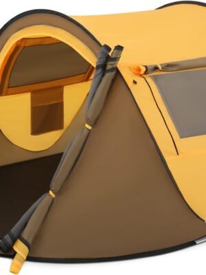 Pop Up Tent 2 Person for Camping Waterproof Outdoor Easy Set Up Automatic Family Travel Tent, 2 Doors and Side Windows Instant Easy Popup Beach Tent with Carry Bag, Yellow