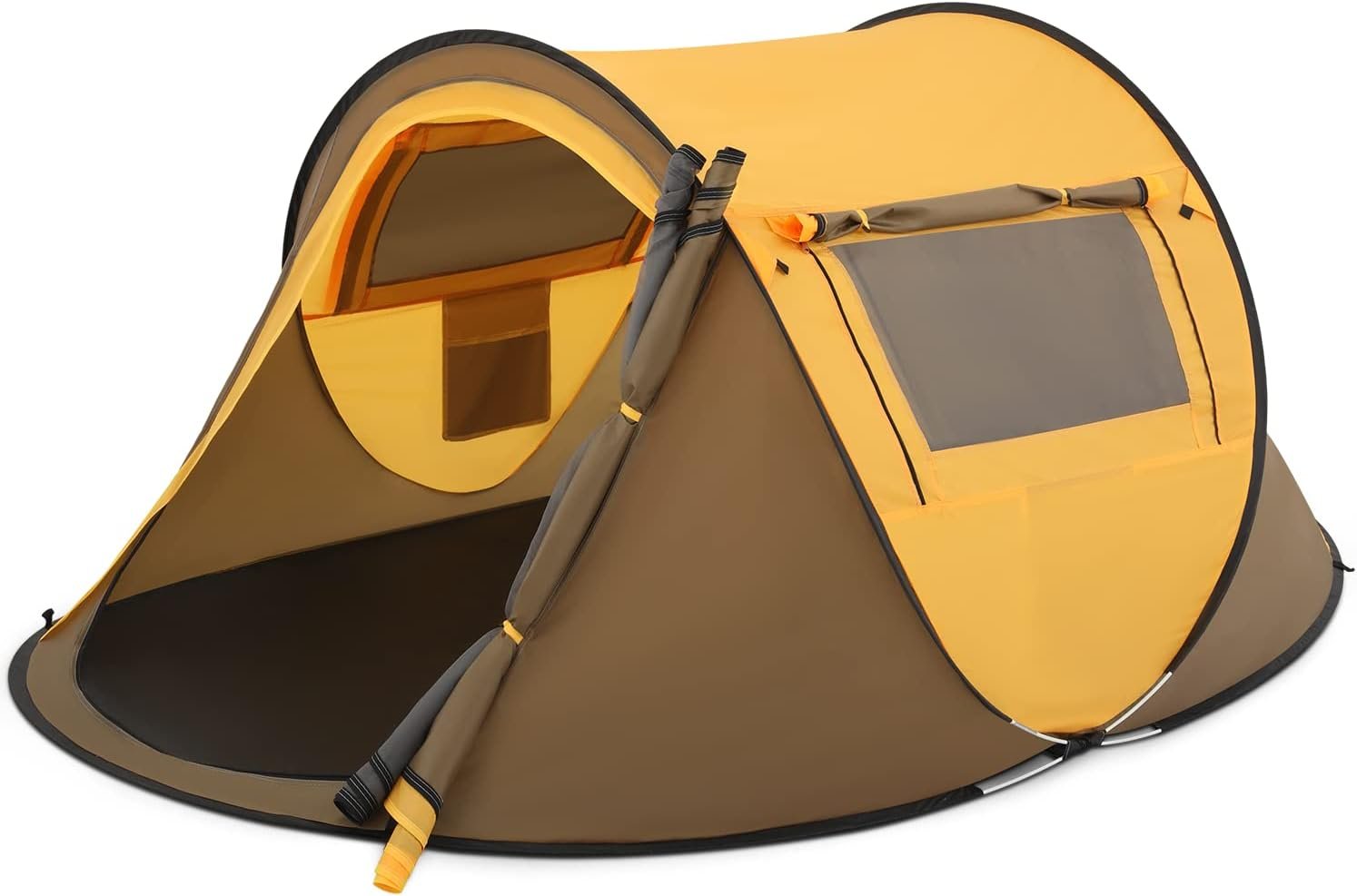 Pop Up Tent 2 Person for Camping Waterproof Outdoor Easy Set Up Automatic Family Travel Tent, 2 Doors and Side Windows Instant Easy Popup Beach Tent with Carry Bag, Yellow