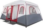 Instant Cabin Tents | 8-12 Person Camping Tents | 3 Room Family Tents | Pop Up Tents for Camping | 6 Large Mesh Windows | with Carry Bag | Red and Grey