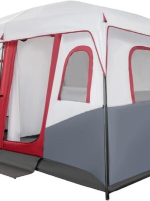 Instant Cabin Tents | 8-12 Person Camping Tents | 3 Room Family Tents | Pop Up Tents for Camping | 6 Large Mesh Windows | with Carry Bag | Red and Grey