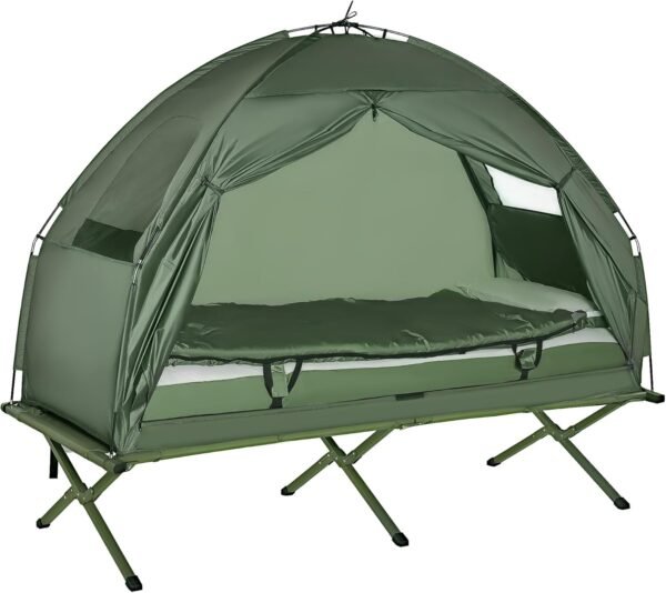 Camping Tent Cot, 4-in-1 Folding Tent Cot Combo with Mattress, Pillow, Sleeping Bag, Roller Carrying Bag, Off Ground Travel Camp Cot for Hiking, Backpacking, Picnic