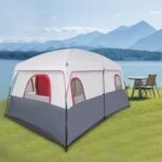 Instant Cabin Tents | 8-12 Person Camping Tents | 3 Room Family Tents | Pop Up Tents for Camping | 6 Large Mesh Windows | with Carry Bag | Red and Grey