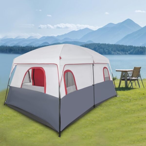 Instant Cabin Tents | 8-12 Person Camping Tents | 3 Room Family Tents | Pop Up Tents for Camping | 6 Large Mesh Windows | with Carry Bag | Red and Grey