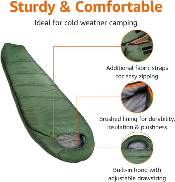 20°F Cold Weather Mummy Sleeping Bag, 82 Inches x 33 Inches, Olive Green
