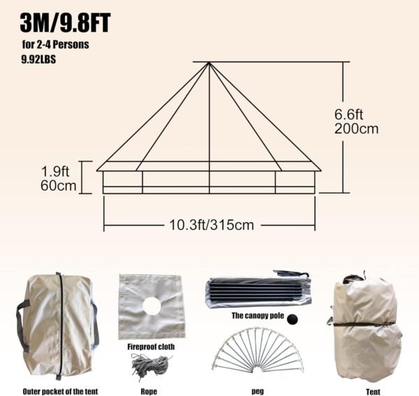 Spacious 4 Person Yurt Tent with Stove Jack, 4-Season Glamping Bell Tent, Waterproof 210D Oxford Cloth, for Family Camping & Outdoor Parties, 9.8x9.8x6.6 FT