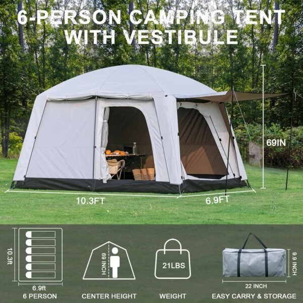 4-6 Person Camping Tent, Large Family Cabin Tents with Porch & Rainfly, Double Layer Waterproof Glamping Tent with 2 Rooms 2 Doors, Portable Big Tents for Outdoor Camping Hiking Party